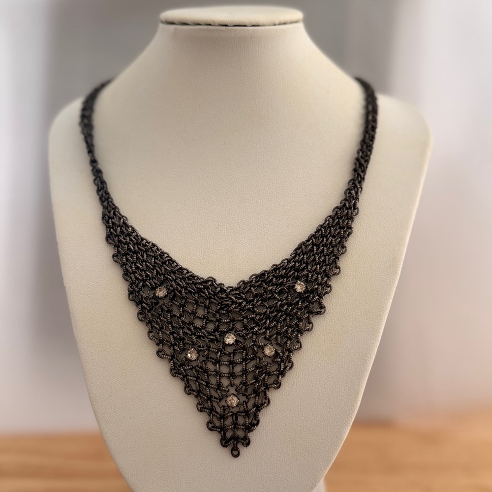 Vintage Crystal and Black Mesh Bib  Necklace